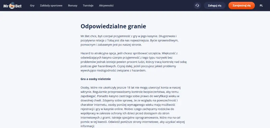 Odpowiedzialna gra w Mr Bet Casino