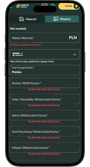Wypełnij dane płatności Lemon Casino