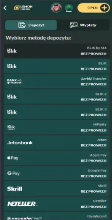 Wybierz metodę płatności Lemon Casino