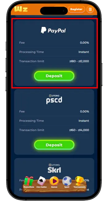 Wazamba Deposit PayPal