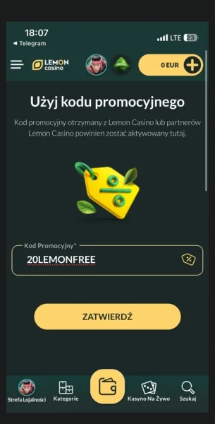 Lemon Casino wpisanie kodu 20LEMONFREE