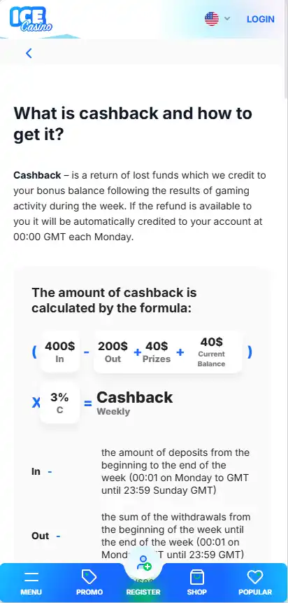 Ice Casino Cashback bonus